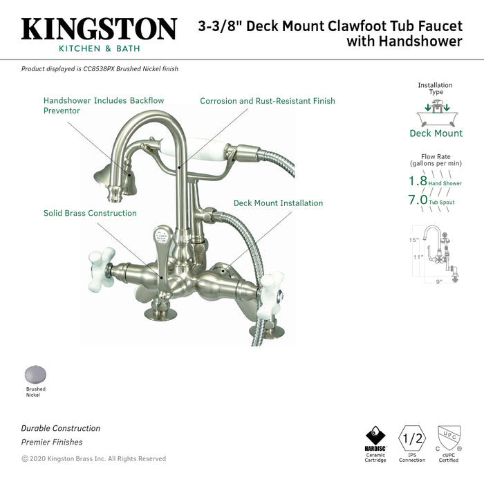 Kingston Brass CC8538PX  3-7/16" Adjustable Center Deck-Mount Clawfoot Tub Faucet with Hand Shower, Brushed Nickel