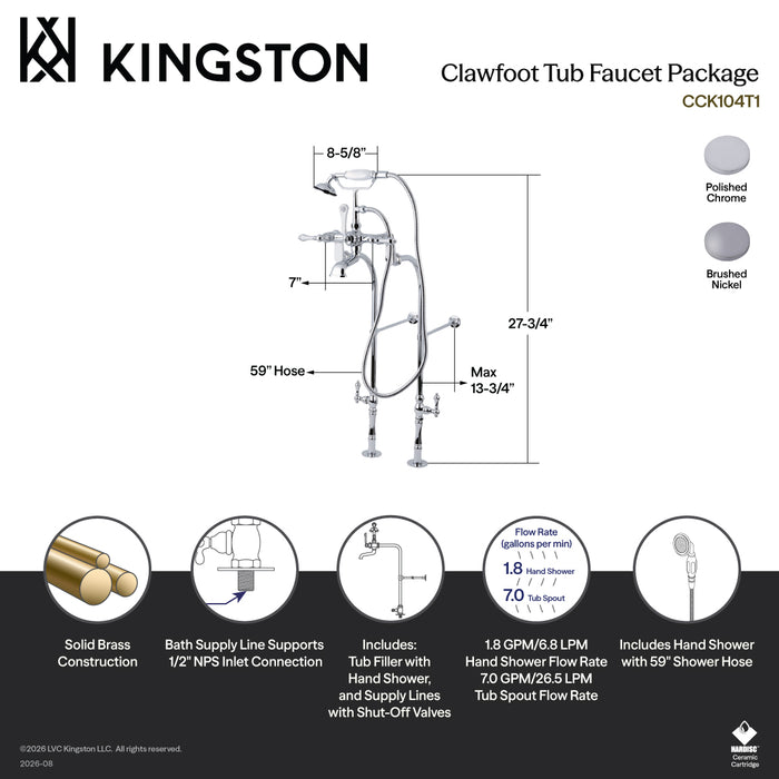 Kingston Brass CCK104T1 Vintage Freestanding Clawfoot Tub Faucet Package with Supply Lines and Hand Shower, Polished Chrome