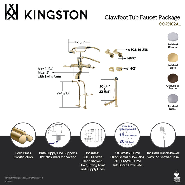Kingston Brass CCK5101AL Vintage Freestanding Clawfoot Tub Faucet Package with Supply Line, Hand Shower and Tub Drain, Polished Chrome
