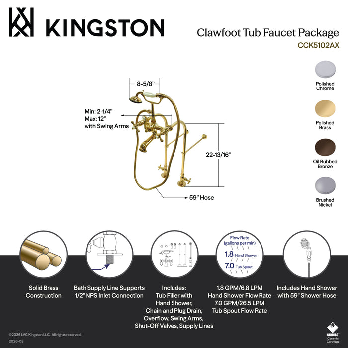 Kingston Brass CCK5101AX Vintage Freestanding Clawfoot Tub Faucet Package with Supply Line, Hand Shower and Tub Drain, Polished Chrome