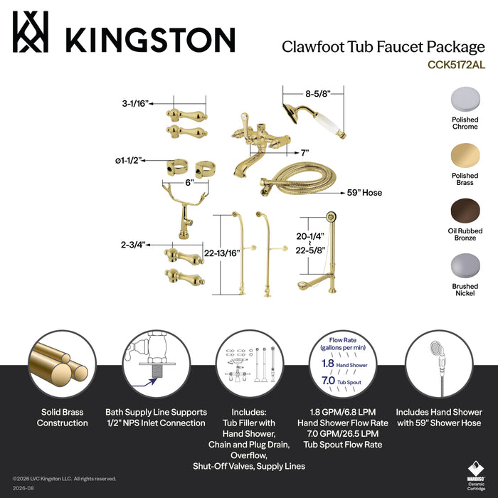 Kingston Brass CCK5171AL Vintage Freestanding Clawfoot Tub Faucet Package with Supply Line, Hand Shower and Tub Drain, Polished Chrome