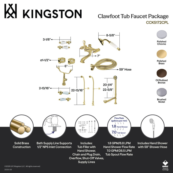 Kingston Brass CCK5171CPL Vintage Freestanding Clawfoot Tub Faucet Package with Supply Line, Hand Shower and Tub Drain, Polished Chrome