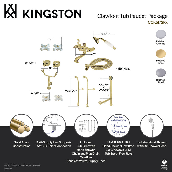 Kingston Brass CCK5178PX Vintage Freestanding Clawfoot Tub Faucet Package with Supply Line, Hand Shower and Tub Drain, Brushed Nickel