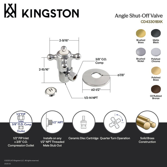 Kingston Brass CD43305BXK 1/2" FIP x 3/8" O.D. Anti-Seize Deluxe Quarter-Turn Ceramic Hardisc Cartridge Angle Stop with Flange, Oil Rubbed Bronze