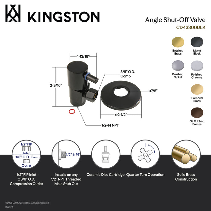 Kingston Brass CD43305DLK 1/2" FIP x 3/8" O.D. Anti-Seize Deluxe Quarter-Turn Ceramic Hardisc Cartridge Angle Stop with Flange, Oil Rubbed Bronze