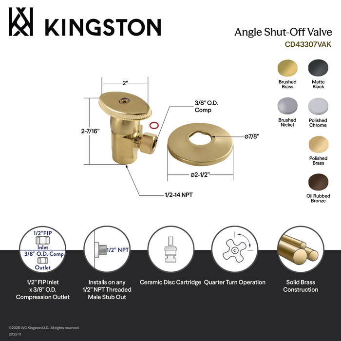 Kingston Brass CD43305VAK 1/2" FIP x 3/8" O.D. Anti-Seize Deluxe Quarter-Turn Ceramic Hardisc Cartridge Angle Stop with Flange, Oil Rubbed Bronze