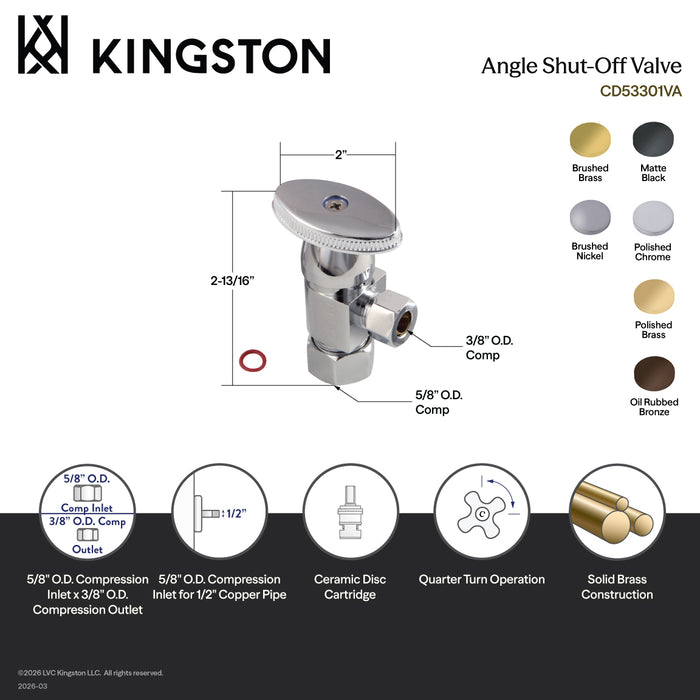 Kingston Brass CD53305VA 5/8" O.D. Comp x 3/8" O.D. Comp Anti-Seize Deluxe Quarter-Turn Ceramic Hardisc Cartridge Angle Stop, Oil Rubbed Bronze