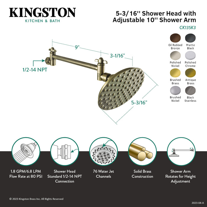 Kingston Brass CK135K0 Victorian 5-1/4" Round Raindrop Brass Shower Head with 10" High-Low Adjustable Shower Arm, Matte Black