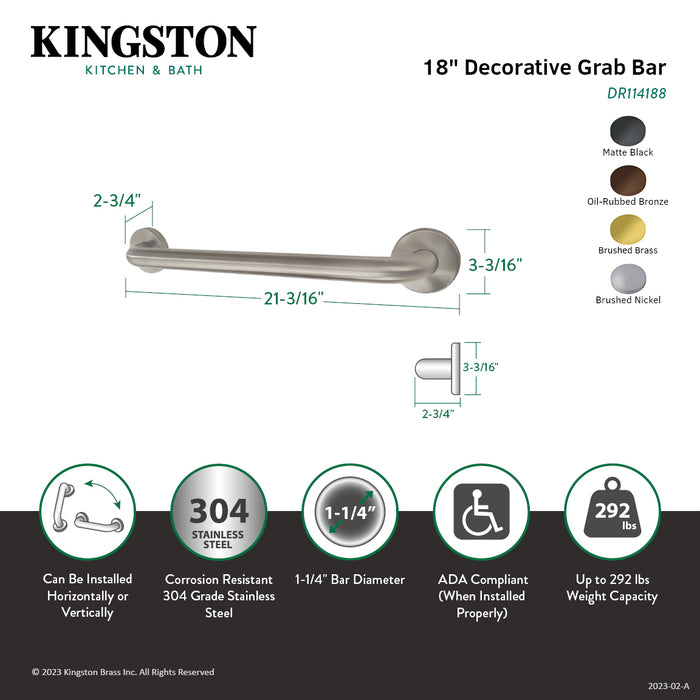Kingston DR114188 Americana 18" x 1-1/4" O.D. Stainless Steel Decorative Grab Bar, Brushed Nickel