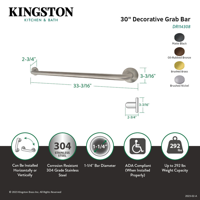 Kingston Brass DR114308 Americana 30" x 1-1/4" O.D. Stainless Steel Decorative Grab Bar, Brushed Nickel