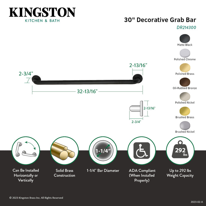 Kingston Brass DR214308 Milano 30" x 1-1/4" O.D. Brass Decorative Grab Bar, Brushed Nickel