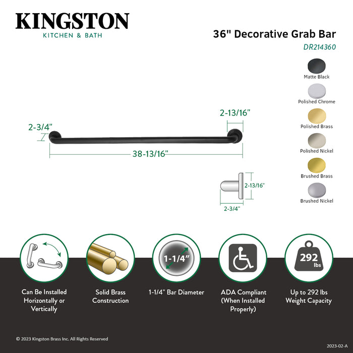 Kingston Brass DR214368 Milano 36" x 1-1/4" O.D. Brass Grab Bar, Brushed Nickel