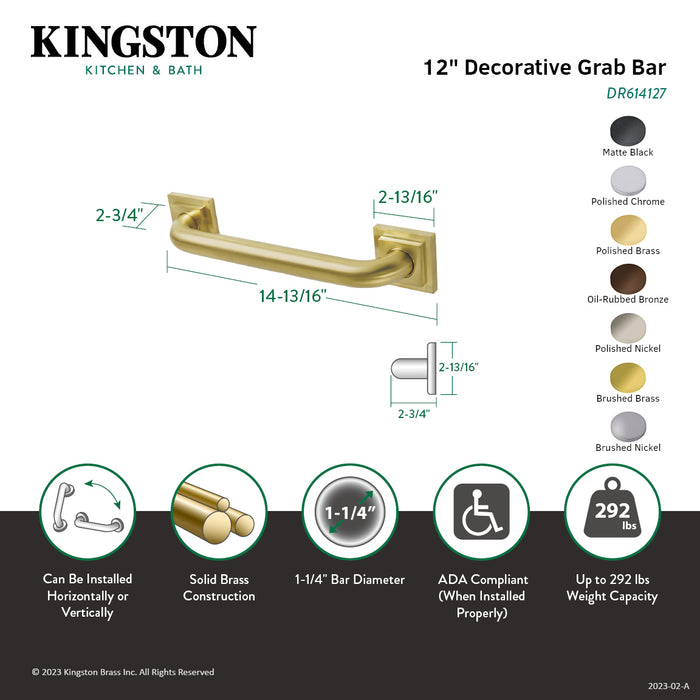 Kingston Brass DR614126 Claremont 12" x 1-1/4" O.D. Brass Decorative Grab Bar, Polished Nickel