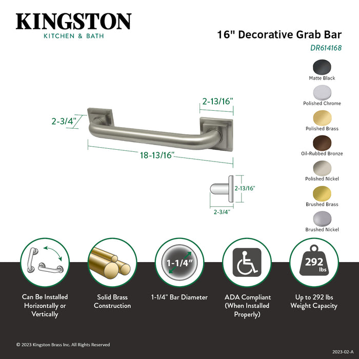 Kingston Brass DR614166 Claremont 16" x 1-1/4" O.D. Brass Decorative Grab Bar, Polished Nickel