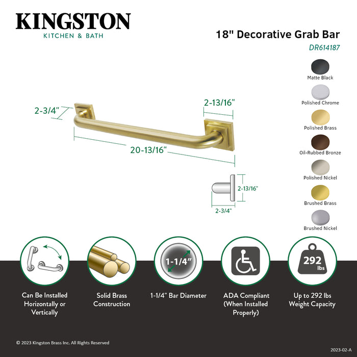 Kingston Brass DR614186 Claremont 18" x 1-1/4" O.D. Brass Decorative Grab Bar, Polished Nickel