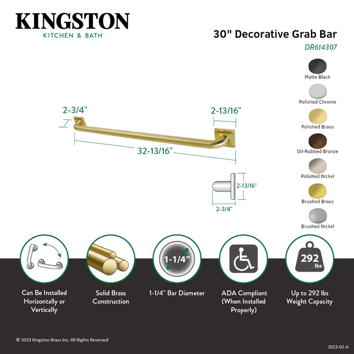 Kingston Brass DR614306 Claremont 30" x 1-1/4" O.D. Brass Decorative Grab Bar, Polished Nickel