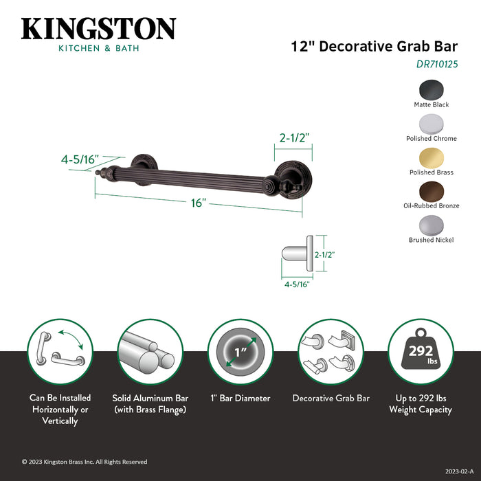 Kingston Brass DR710121 Templeton 12" x 1" O.D. Brass Decorative Grab Bar, Polished Chrome