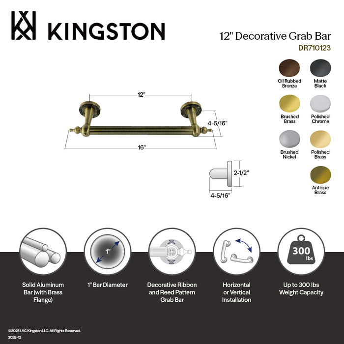 Kingston Brass DR710125 Templeton 12" x 1" O.D. Brass Decorative Grab Bar, Oil Rubbed Bronze