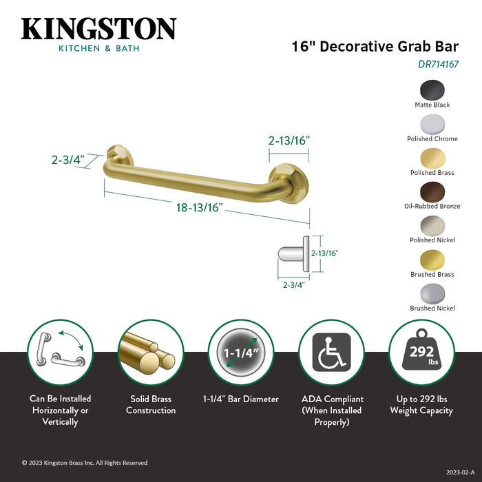 Kingston Brass DR714168 Metropolitan 16" x 1-1/4" O.D. Brass Decorative Grab Bar, Brushed Nickel