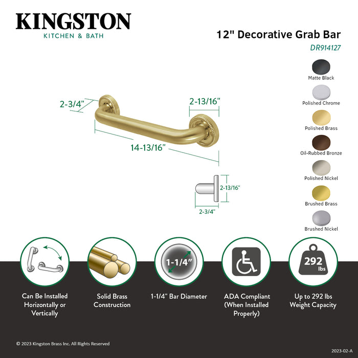 Kingston Brass DR914121 Camelon 12" x 1-1/4" O.D. Brass Decorative Grab Bar, Polished Chrome