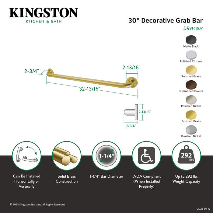 Kingston Brass DR914301 Camelon 30" x 1-1/4" O.D. Brass Decorative Grab Bar, Polished Chrome