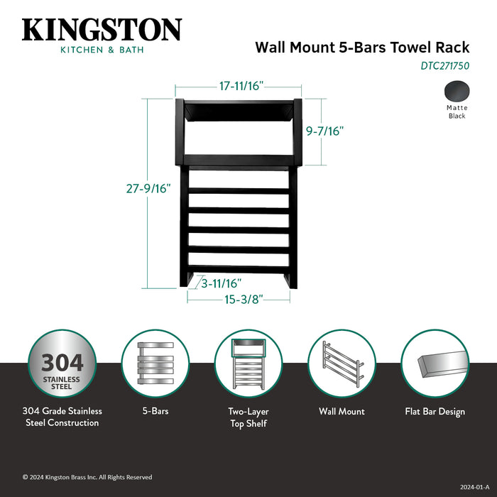 Kingston Brass DTC271750 Markus 28" x 18" Stainless Steel Wall Mount Towel Rack with Shelf, Matte Black