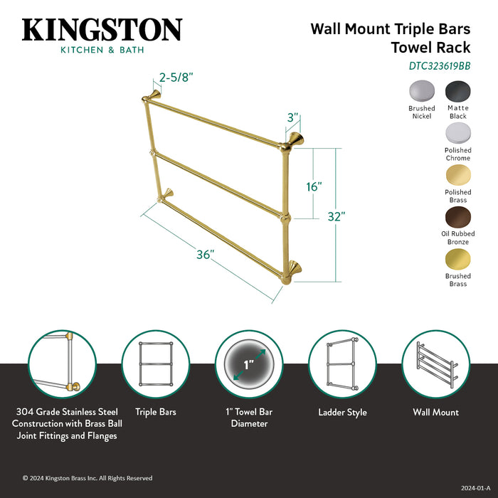 Kingston Brass DTC323619CP Maximilien 36" x 32" Brass Wall Mount 3-Tier Towel Rack, Polished Chrome