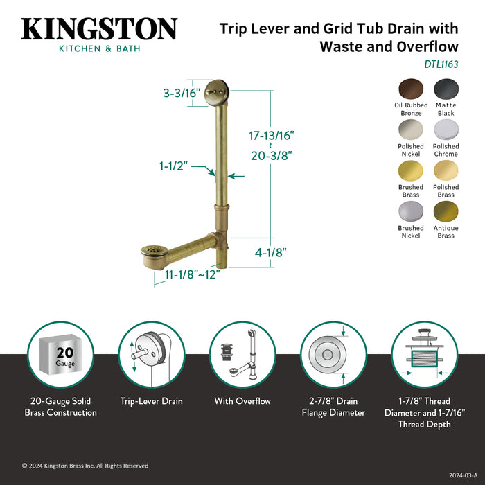 Kingston Brass DTL1165 21" Trip Lever Waste and Overflow with Grid, Oil Rubbed Bronze
