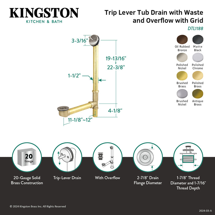 Kingston Brass DTL1180 23-Inch Trip Lever Waste and Overflow with Grid, 20 Gauge, Matte Black