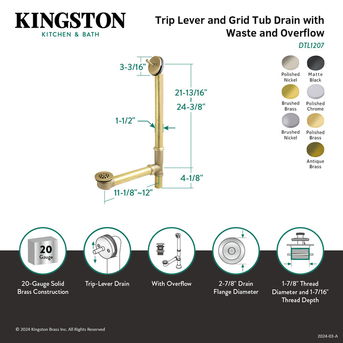 Kingston Brass DTL1200 25-Inch Trip Lever Waste and Overflow with Grid, 20 Gauge, Matte Black
