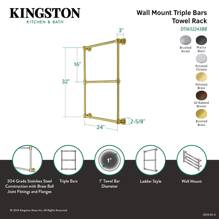 Kingston Brass DTM32243MB Palatine 24" x 32" Brass Wall Mount 3-Tier Towel Rack, Matte Black