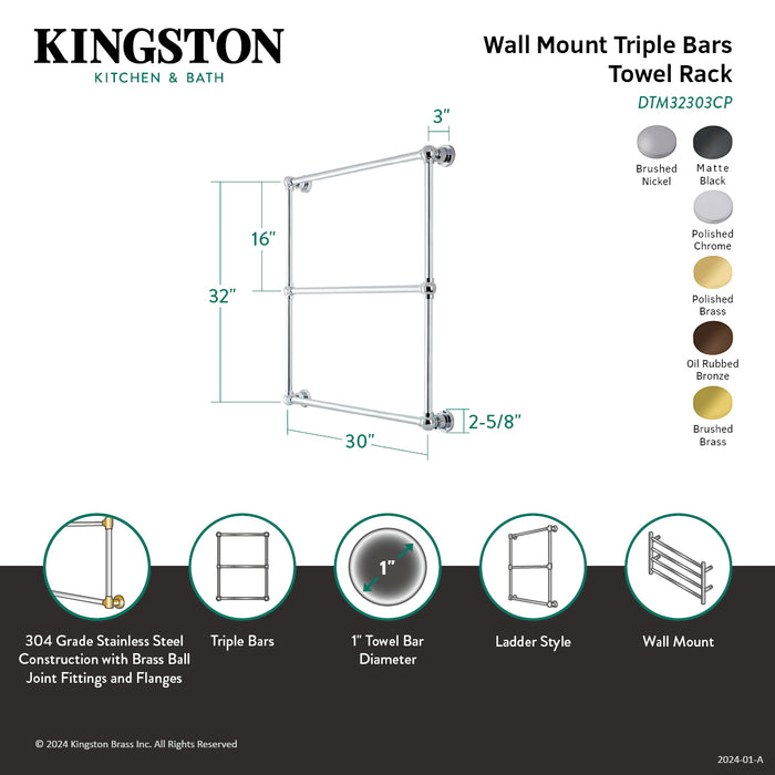 Kingston Brass DTM32303PB Palatine 30" x 32" Brass Wall Mount 3-Tier Towel Rack, Polished Brass