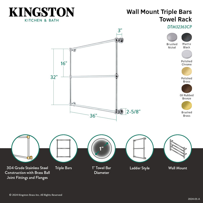 Kingston Brass DTM32363CP Palatine 36" x 32" Brass Wall Mount 3-Tier Towel Rack, Polished Chrome