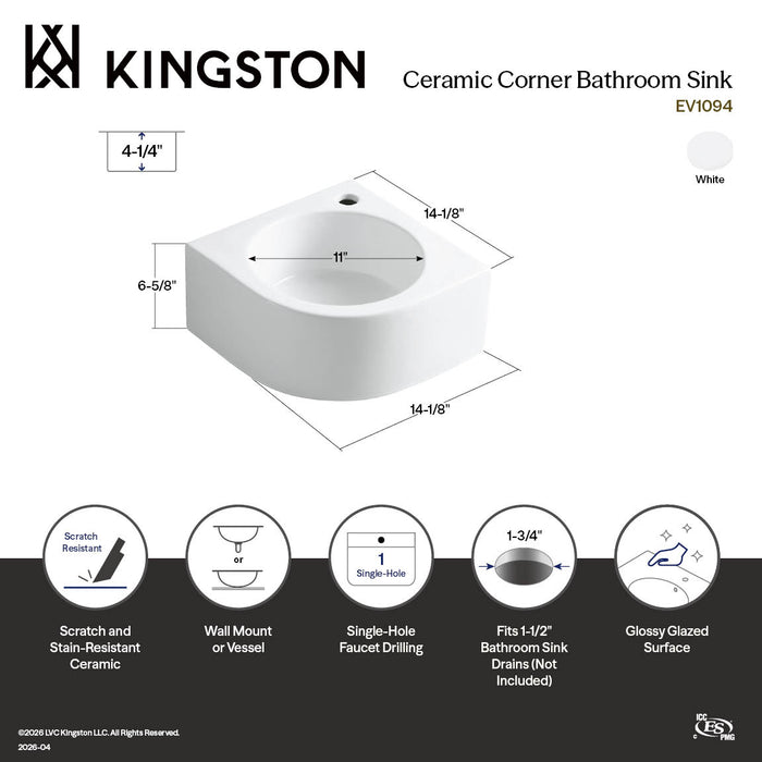 Kingston Brass EV1094 Manhattan 14-1/8" Ceramic Corner Wall Mount Bathroom Sink (Single Hole), White