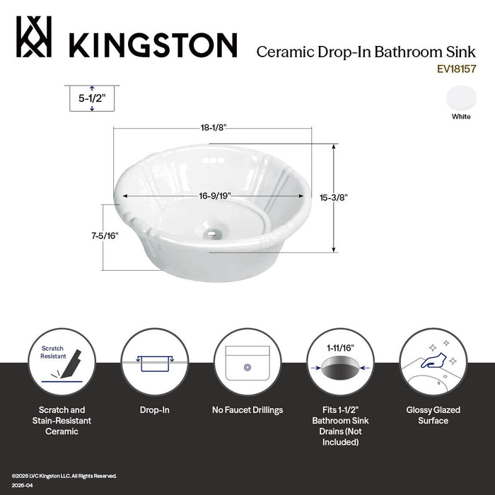Kingston Brass EV18157 Vintage 18-1/8" Ceramic Single Bowl Drop-In Bathroom Sink, White
