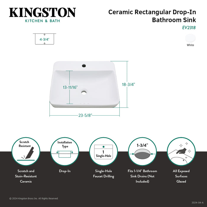 Kingston Brass EV2318 Century 23" Ceramic Rectangular Ceramic Drop-In Bathroom Sink (Single Hole), White