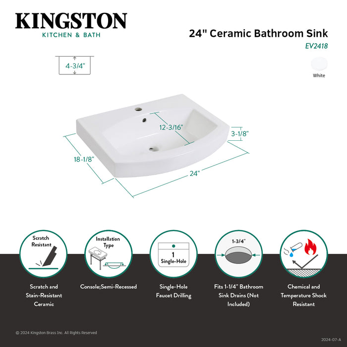 Kingston Brass EV2418 Inflection 24" Ceramic Bathroom Sink (1-Hole), White