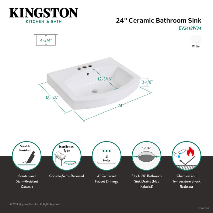 Kingston Brass EV2418W34 Inflection 24" Ceramic Bathroom Sink (4-Inch, 3-Hole), White