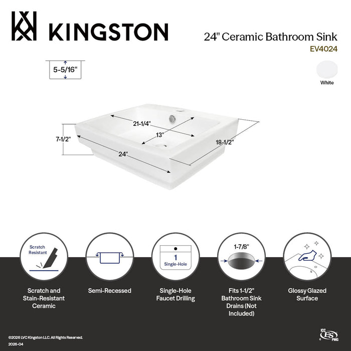 Fauceture EV4024 Plaza 24" Ceramic Rectangular Semi-Recessed Vessel Sink, White