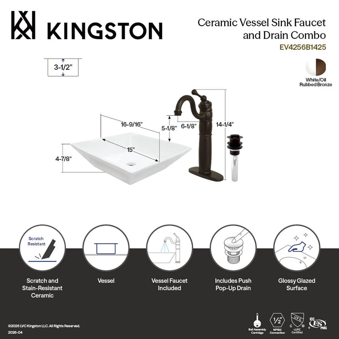 Kingston Brass EV4256B1425 Perfection 16-9/16" Ceramic Square Vessel Sink with Heritage Sink Faucet and Drain Combo, White/Oil Rubbed Bronze