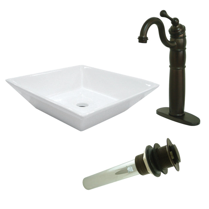 Kingston Brass EV4256B1425 Perfection 16-9/16" Ceramic Square Vessel Sink with Heritage Sink Faucet and Drain Combo, White/Oil Rubbed Bronze