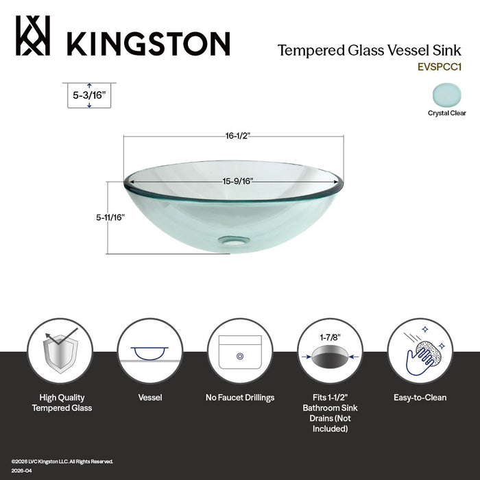 Fauceture EVSPCC1 Templeton 16-1/2" Tempered Glass Round Vessel Sink, Crystal Clear