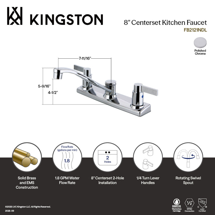 Kingston FB2121NDL NuvoFusion Two-Handle 8" Centerset Kitchen Faucet, Polished Chrome
