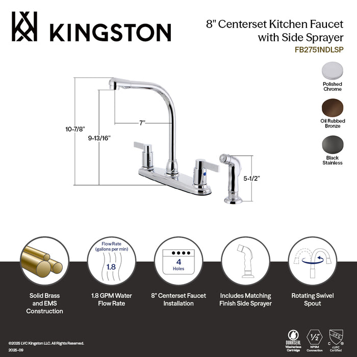 Kingston FB2754NDLSP NuvoFusion Two-Handle 8" Centerset Kitchen Faucet with Side Sprayer, Black Stainless