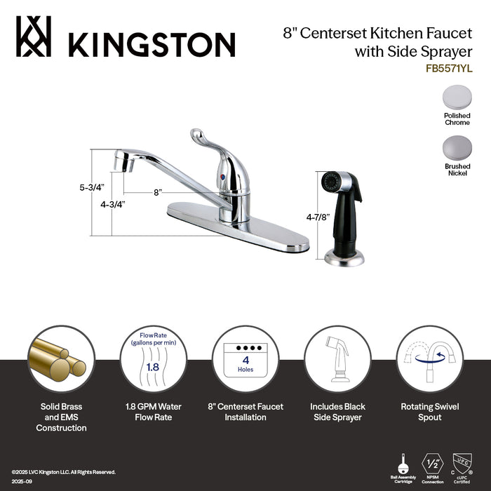 Kingston FB5571YL Yosemite Single-Handle 8" Centerset Kitchen Faucet with Side Sprayer, Polished Chrome
