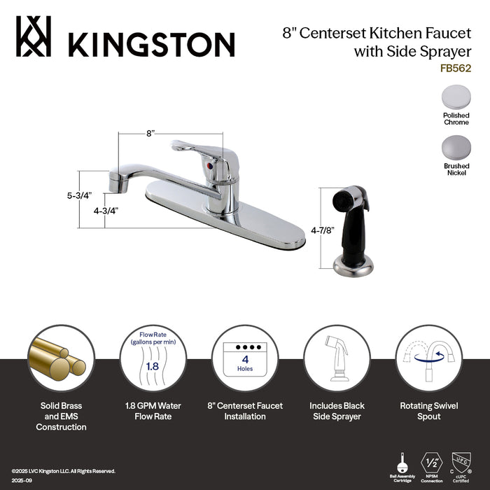 Kingston FB562 Wyndham Single-Handle 8" Centerset Kitchen Faucet with Side Sprayer, Polished Chrome