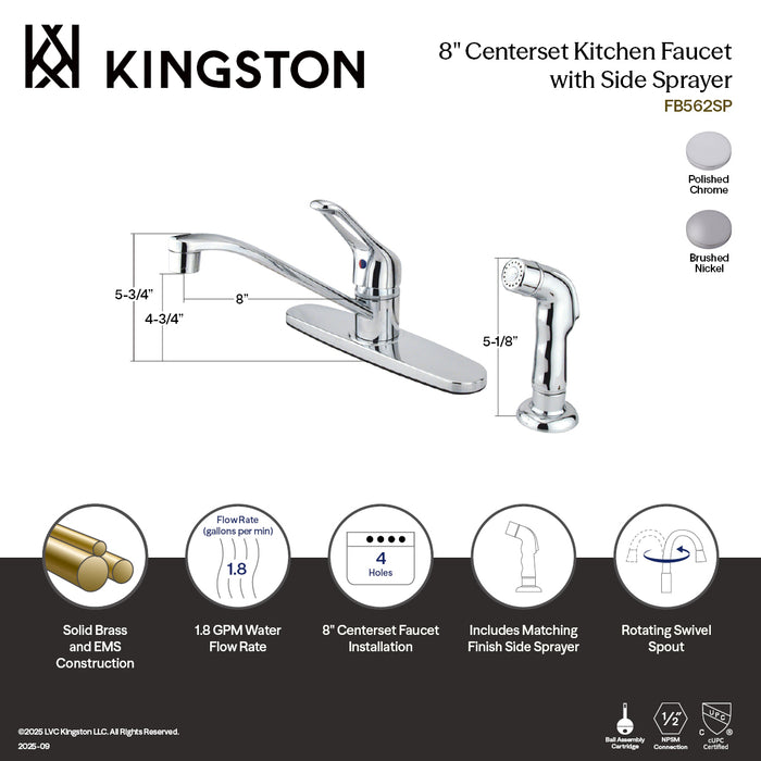 Kingston FB562SP Wyndham Single-Handle 8" Centerset Kitchen Faucet with Side Sprayer, Polished Chrome