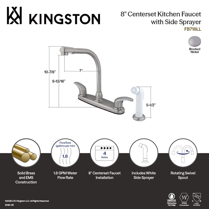 Kingston FB718LL Legacy Two-Handle 8" Centerset Kitchen Faucet with Side Sprayer, Brushed Nickel