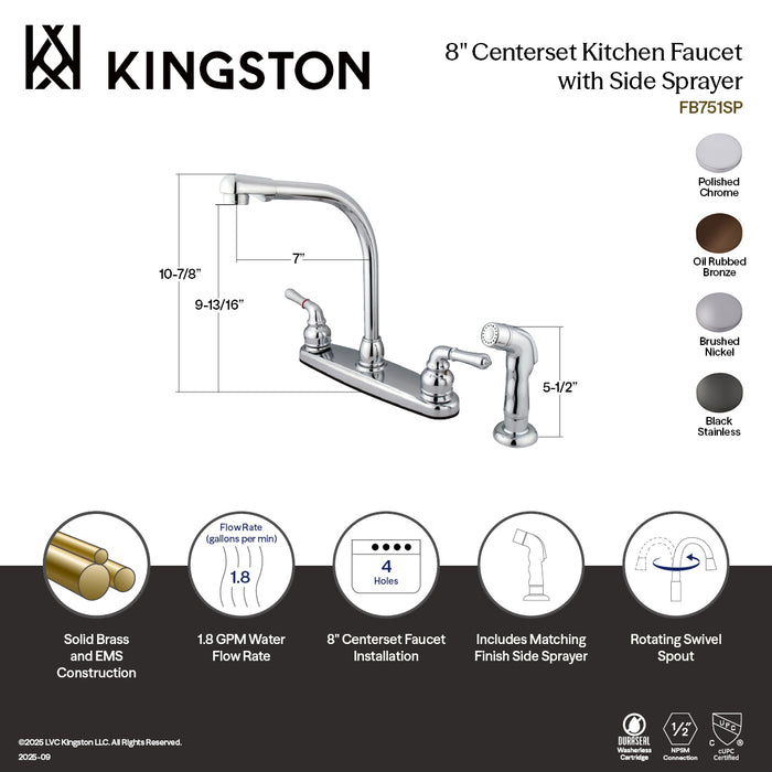 Kingston FB754SP Americana Two-Handle 8" Centerset Kitchen Faucet with Side Sprayer, Black Stainless