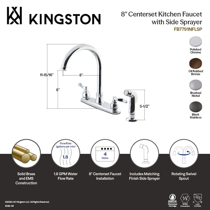 Kingston FB7794NFLSP NuWave French Two-Handle 8" Centerset Kitchen Faucet with Side Sprayer, Black Stainless